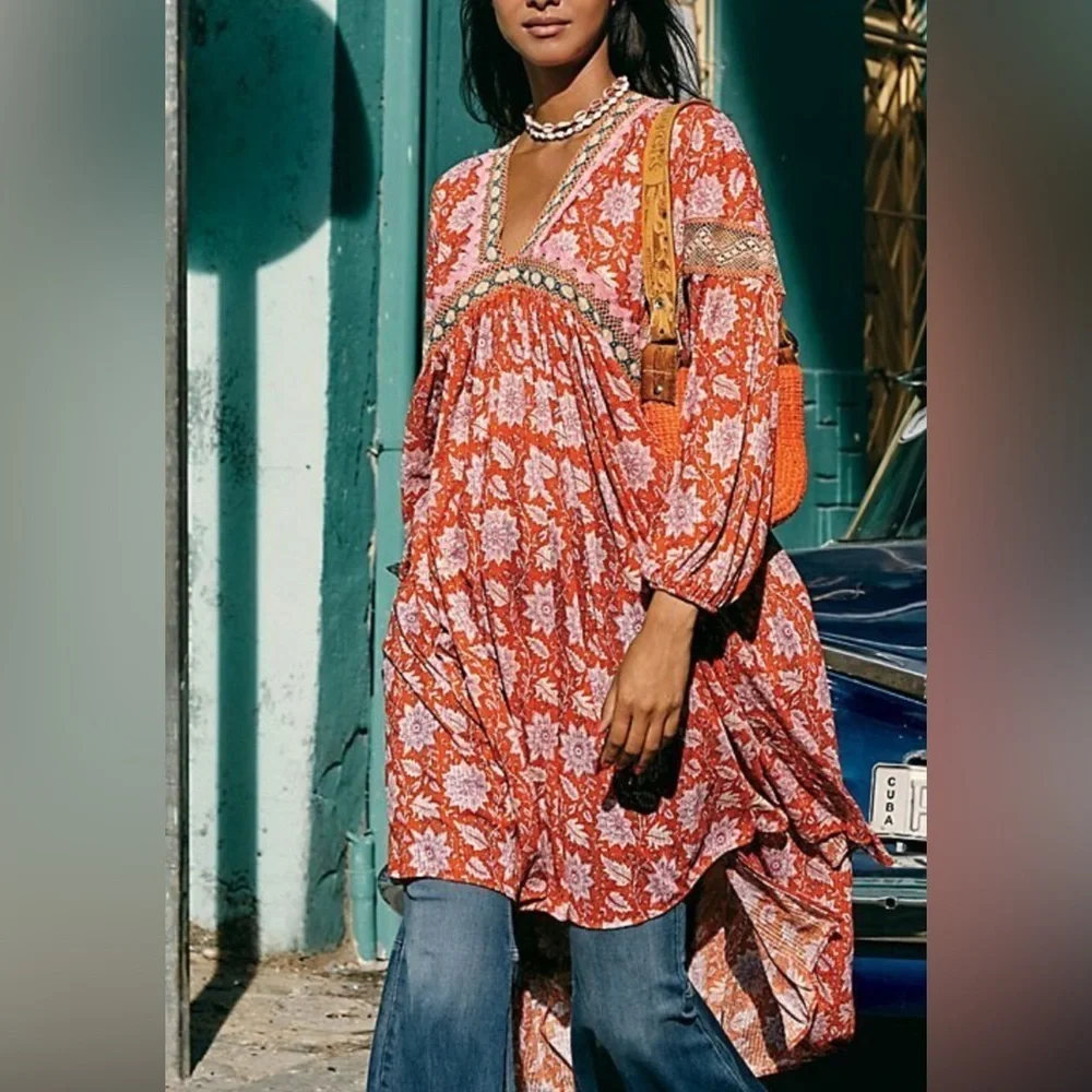 Free People moon child printed crochet inset colorful maxi top XS